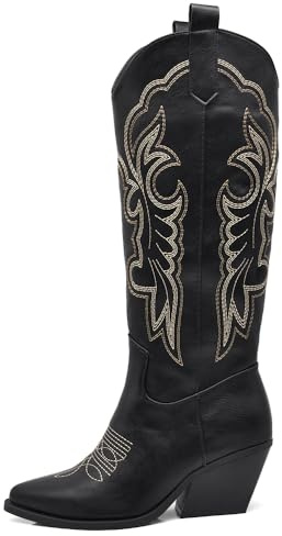 IF Stivali Texani Donna al Ginocchio Stile Western Cowboy con Ricami Effetto Vintage Tacco Medio Punta Affusolata J31 nero N.37