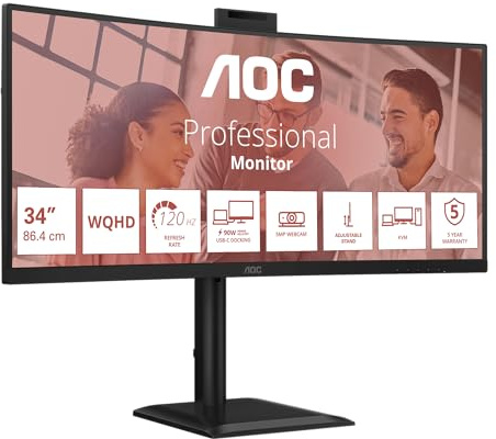 AOC CU34E4CW Monitor 34 Pulgadas 120Hz Panel VA, 4ms GtG, HDR Ready/HDR10, Altavoces, Webcam, Altura Ajustable, (3440x1440 HDMI 2X 2.1 TMDS DP 1x 1.4 USB Hub) Negro