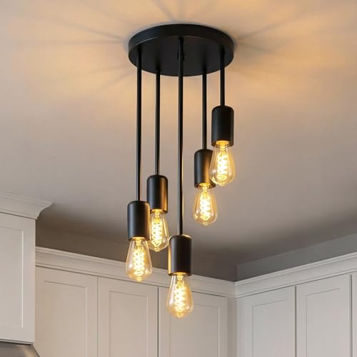 Emitto Ceiling Lights, 5 Way Industrial Pendant Light Fitting with E27 Base, Black Ceiling Lamp for Kitchen Living Room and Bedroom, Adjustable Height 21–41cm (NO Bulbs)