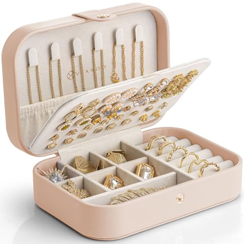 VLANDO Schmuckkästchen Reise, Schmuckaufbewahrung Klein, für 48 Ohrringe | Urlaub Must Haves, Geschenk für Damen, Für Halsketten, Ringe,Weiches Samtfutter, Kompakt Leicht, Nudepink