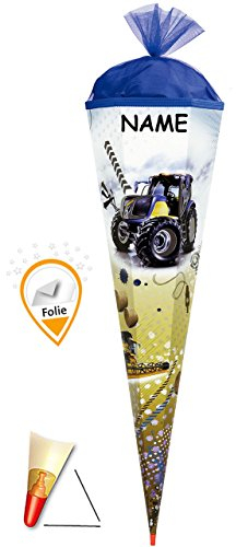 mit Silberfolie ! - Schultüte - Traktor - 85 cm - incl. Namen - mit Holzspitze/Tüllabschluß - Zuckertüte Roth - für Jungen - Bauernhof Traktoren