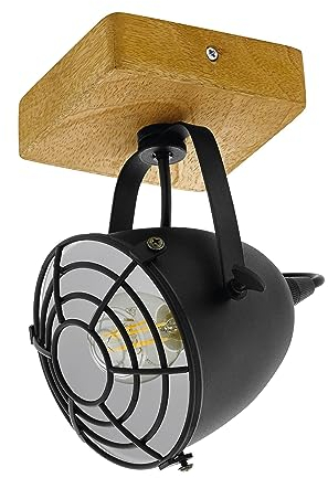 EGLO Deckenlampe Gatebeck, 1 flammige Deckenleuchte Vintage, Industrial, Retro, Deckenstrahler aus Stahl in Schwarz und Holz in Natur, Wohnzimmerlampe, Küchenlampe mit E14 Fassung