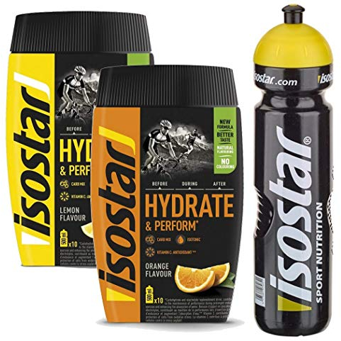 Isostar Hydrate & Perform Iso Drink – 400 g isotonisches Getränkepulver – Elektrolyt Pulver zur Unterstützung der sportlichen Leistungsfähigkeit – Orange + Zitrone + 1 Liter Flasche, 2x400g, 1x1000ml