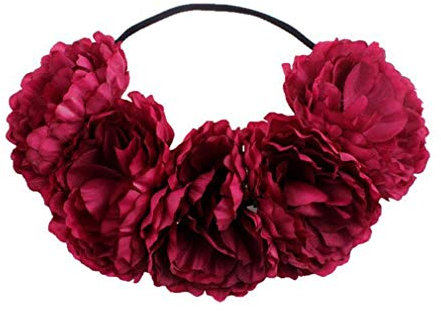 YAZILIND Pfingstrose Blumenkranz Hochzeitsbraut Girlande Kopfschmuck Stretch Stirnband Haarschmuck Kopfbedeckung Weinrot