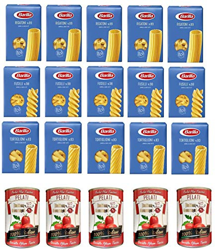 Testpaket Pasta Barilla 5x Rigatoni Nr. 89 5x Barilla Fusilli Nr. 98 5x Tortiglioni n/83 + 5x+ Italian Gourmet 100% italienische geschälte Tomaten dosen 5x 400g