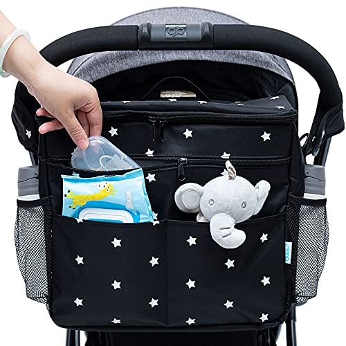 Orzbow Kinderwagen Organizer, Wasserdichte Kinderwagen Tasche mit Getränkehalter & Abnehmbarer Trennwand, Universell Einsetzbar, Robuster Klettverschluss, Verstellbarer Schultergurt & Haken, Schwarz