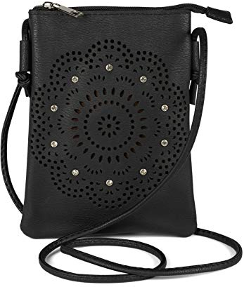 styleBREAKER Damen Mini Bag Umhängetasche mit Blumen Lasercut Cutout Muster und Strass, Schultertasche, Handtasche 02012367, Farbe:Schwarz