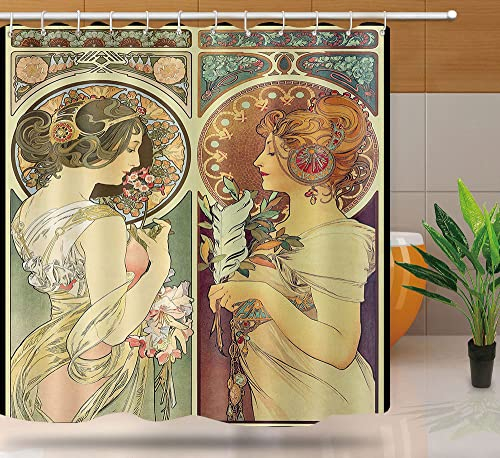 NTETSN YLYYNT2405 Duschvorhang, Jugendstil, Vintage-Stil, ästhetische Kunst, mittelalterlich, Blumenmuster, Stoff, Polyester, Badezimmer-Vorhang, 183 x 183 cm