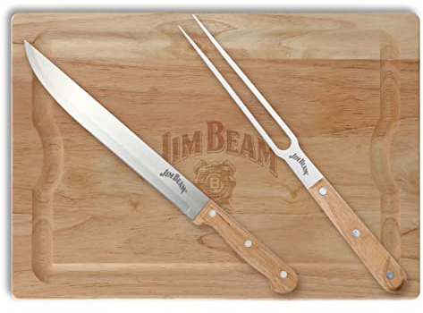 Jim Beam 3-Piece Carving Set, Includes Stainless Steel Knife and Fork with Wood Handles and Wooden Carving Board, Brown