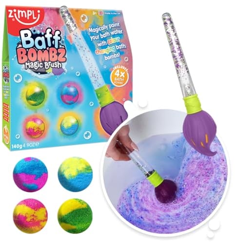 Baff Bombz Magic Brush from Zimpli Kids, 4 x Bath Bombs, Magically Paint your Bath Water, Pocket Money Creative Toy for Children, Birthday Gifts for Boys & Girls , Moisturising Fizzers