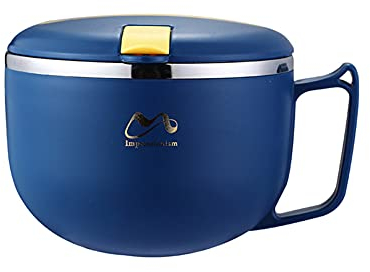FIYSON Stainless Steel Soup Bowls with Handles,Instant Noodle Bowl with fork,Ramen Cooker Insulation Bowl with Sealing Lid and Mobile Phone Holder,Student Lunch Box Food Storage Container (Blue,900ml)
