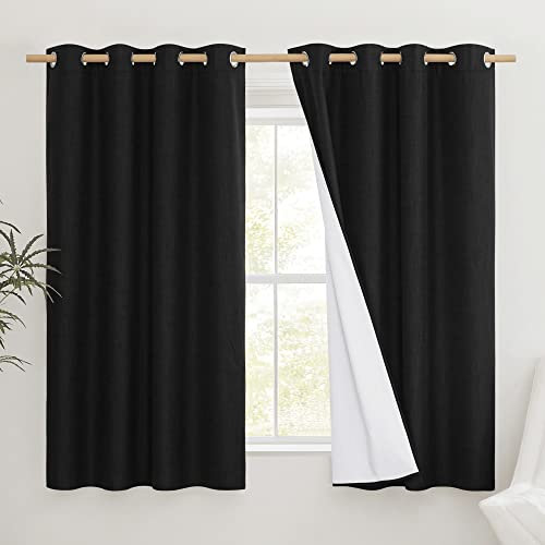PONY DANCE Black Curtain - 100% Blackout Linen Curtains for Bedroom Window, Blend Flax Short Eyelet Curtains with White Liner Backing for Home Decoration, 46x54 Inch Drop, 2 Panels