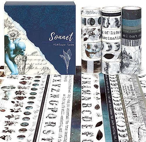 NOGAMOGA 20 Rollen Washi Tape Set, Blätter Buchstaben Blumen Retro Dekorative Scrapbook Tape für Journaling, Scrapbooking Supplies, Junk Journal Craft, Art Craft (Marineblau)