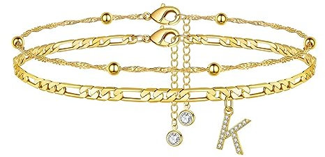 TINGN Fussketten für frauen, Fußkettchen Damen Fusskettchen mit CZ Buchstaben K Doppelte Fußketten stabil Fussketten Frauen Kinder Personalisierte Geschenk Schmuck Sommer Stand Geschenke für Mädchen