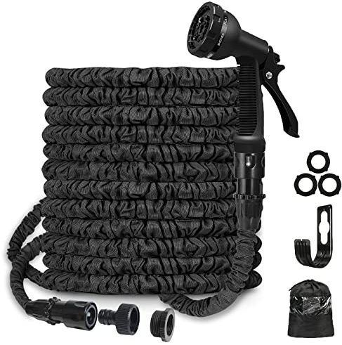 BABADU Erweiterbarer Gartenschlauch, 30 m, flexibler dehnbarer Schlauch mit 8 Modi, ausziehbarer Wasserschlauch mit 1,9 cm, 1,27 cm Anschlüssen für Garten (schwarz)
