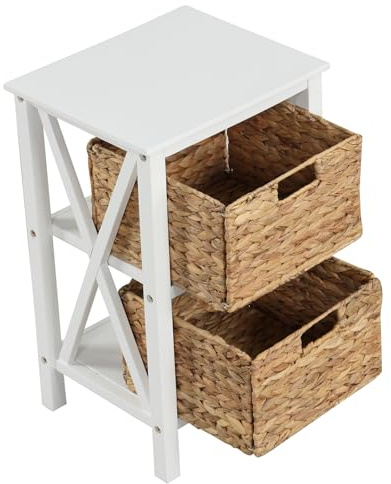 GIANTEX Beistelltisch mit 2 Ebenen, Nachttisch mit 2 Körben aus Seegras, stabiler Holzrahmen, Aufbewahrungsschrank für Sofa, Möbel-Organizer für Wohnzimmer und Schlafzimmer (1)