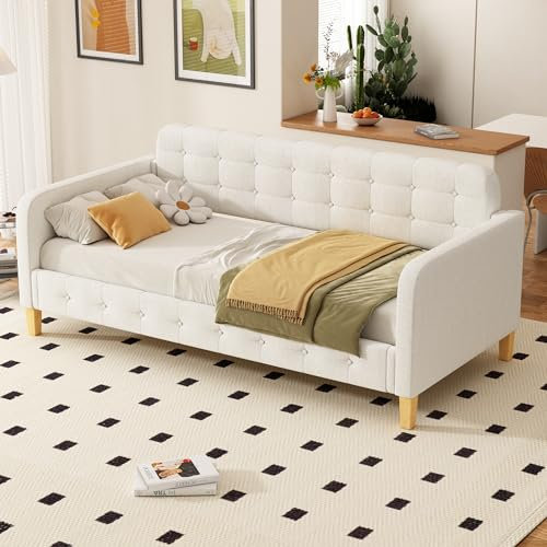 Polsterbett Sofabett Tagesbett 90 x 200 cm, mit Lattenrost, Knopf Nagelverzierung, Armlehne und Rückenlehne, Bezug aus Leinen (Beige)
