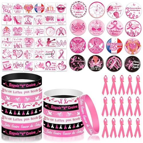 DPKOW Français Octobre Rose Goodies Kit, Badge Pin's Octobre Rose Bracelets Tatouages Octobre Rose Ruban Rose en Tissu sur Une Épingle Accessoires pour Octobre Rose Cancer du Sein Sensibilisation