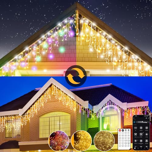 Weihnachtslichter für den Außenbereich, LED Lichtervorhang Aussen in Warmem und RGB Weiß, Eisregen Lichterkette Außen mit Fernbedienung und App, 17 Modi+4 Helligkeiten+Timer(5M-200L,W/RGB)