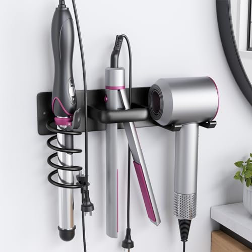 Tindbea Hair Dryer Holder Curling Iron Holder Flat Iron, Blow Dryer Holder Wall Mount, 3 in 1 Bathroom Hair Tool Organizer Rack for Universal Dryer (Matte Metal, Matte Black)