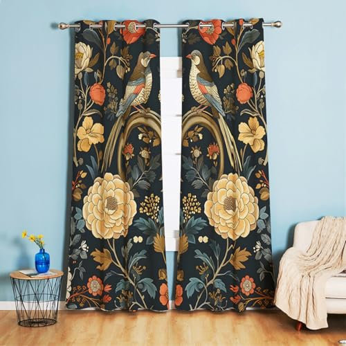 Tokusyou Vintage Vorhang Blickdicht Gardinen mit Ösen Landhaus Blumen Vögel Muster Verdunklungsvorhange Dekoschal Thermovorhang Kälteschutz für Schlafzimmer Kinderzimmer 2 Stücke Set 245×132cm(H×B)