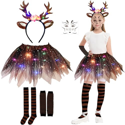 Aitsite Weihnachten Kostüm Mädchen Reh, Leuchtende Kinder Reh Kostüm, LED Tutu Tüllrock RentierKostüm Mädchen, Tutu Rock mit Reindeer Headband, Rentier Rock für Karneval und Cosplay Party