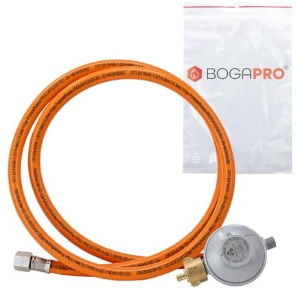 BOGAPRO Set aus Propangasschlauch 100 cm und Gasdruckregler 30 mbar, Druckminderer Gas 1/4 Linksgewinde, Gasschlauch und Druckregler inkl. Polybeutel, Polyvinylchlorid (PVC)
