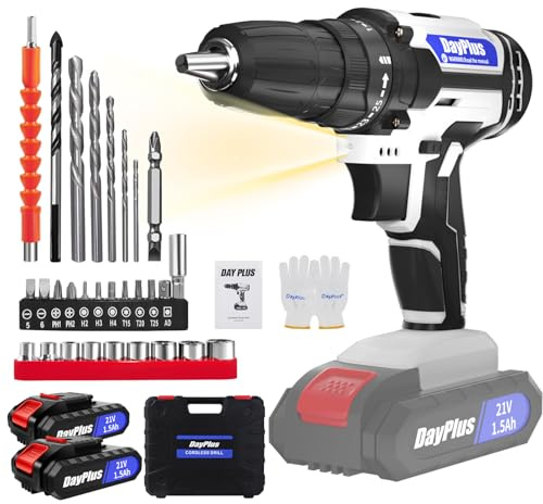 21V Akku Bohrschrauber Set,Weiß Akkuschrauber Set mit 2 * 1500mAh Akku,Akkubohrer 45Nm Drehmoment，25+1 Drehmomentstufen,10mm Bohrfutter, 2-Gang, LED-Licht, 26PCS Zubehöre Set Für Reparatur & DIY