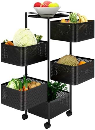 CROWNSHOP 5 Tier vegetable storage Kitchen Fruit Storage Basket Rotating Square Vegetable Rack with Wheels Movable Kitchen Storage Rack