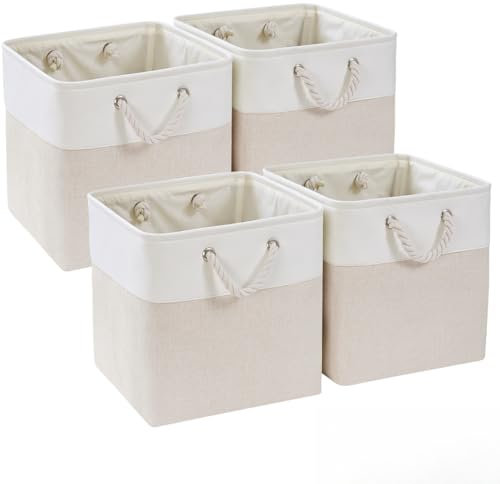 Mangata Fabric Storage Boxes,33x38x33cm Kallax Boxes,Storage Baskets for Organizing Clothes Shelf Nursery Home Closet(Light Beige/White, Set of 4)