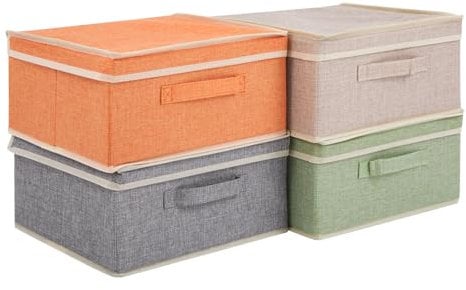JF HOME BLISS 4Pcs Storage Boxes with Lids 33.5 x 31 x 16.5cm Foldable Fabric Bins for Clothes Books Collapsible Wardrobe Organizers for Bedroom Closet Home With Handles (Grey/Beige/Green/Orange)