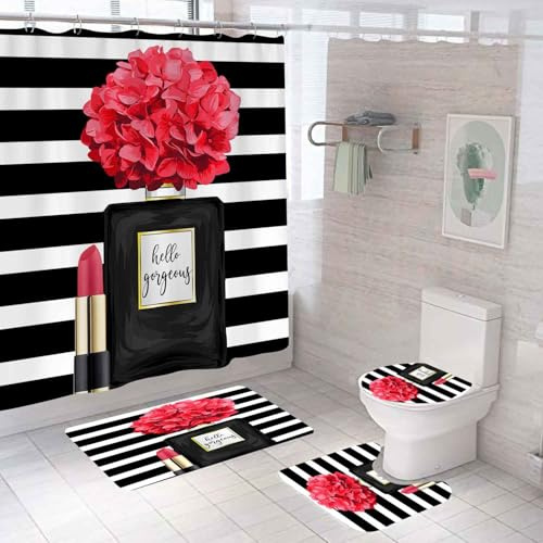 OLEBETY Lot de 4 rideaux de douche parfumés avec tapis, rideau de douche Hello Gorgeous rideau de douche rayé noir et blanc, rouge à lèvres, hortensia floral rouge, maquillage tendance pour femmes et