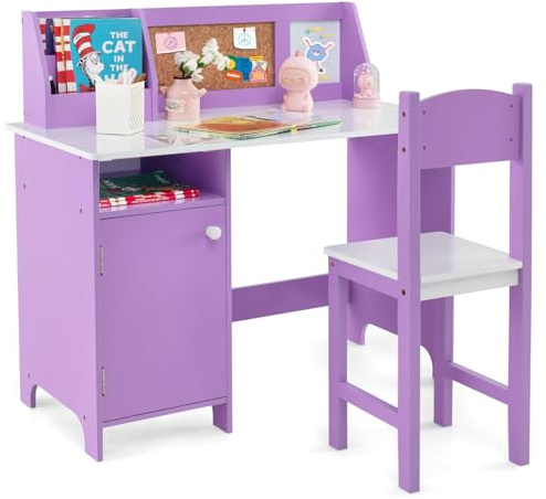 COSTWAY Kinderschreibtisch Set, Schreibtisch Kinder mit Stuhl aus Holz, Schülerschreibtisch mit Bücherregal, Schrank & Pinnwand, Jugendschreibtisch für Kinder ab 3 Jahren (Lila)
