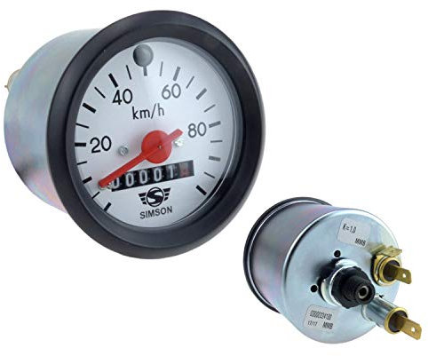 Tachometer - ø60mm - 100km/h - roter Zeiger, weißes Ziffernblatt mit SIMSON-Logo, schwarzer Ring, grüne Blinkkontrolle