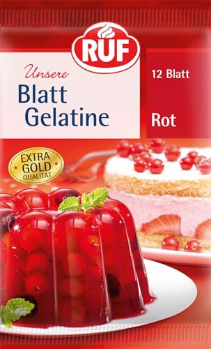 RUF Blatt Gelatine rot, Speisegelatine zum Gelieren, Verdicken, Stabilisieren, Emulgieren, glutenfrei, 1x12 Blatt