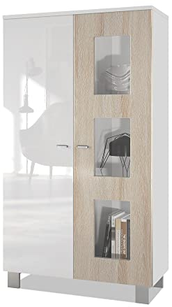 Vladon Vitrine Denjo, Made in Germany, Standvitrine mit 2 Türen und 3 Glaseinsätzen, Weiß matt/Weiß Hochglanz/Eiche Sägegrau (71 x 129 x 35 cm)