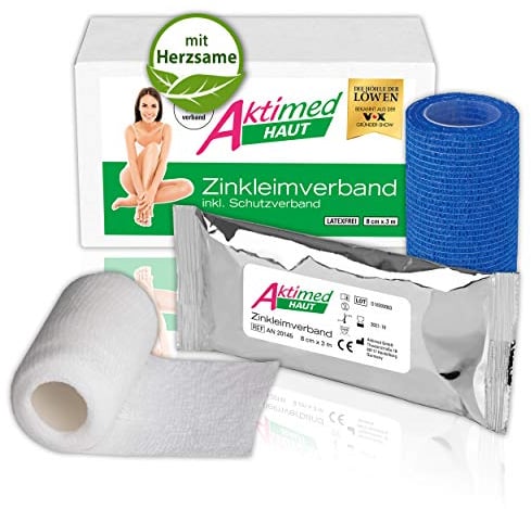 AKTIMED HAUT Zinkverband - Zinkleimverband kühlend - feucht pflegender Verband + pflanzlichem Extrakt Herzsame D6* - Zinkleimbinde Dermatest „sehr gut Patentbasierter Kühlverband + Schutzverband