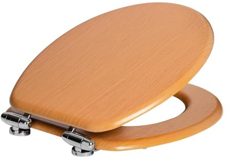 Harbour Housewares Soft Close Toilet Seat - Beech - Pack of 1 - Oval-Shaped Wooden Toilet Seat Antibacterial Loo Lid with Universal Chrome Hinges, Fixings & Fittings