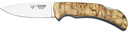 Navaja Cudeman 325-D con hoja de acero böhler N-690Co de 9,5 cm y empuñadura de abedul rizado con separador azul para Caza, Pesca, Supervivencia y bushcraft + Portabotellas Regalo