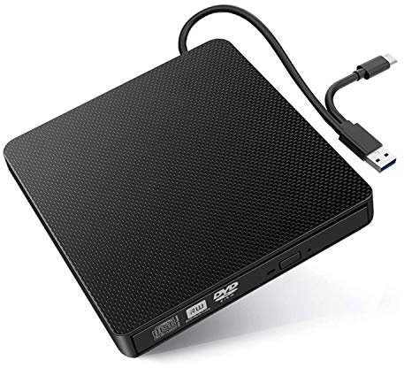 Lecteur de CD DVD Externe Portable, 2 en 1 USB 3.0 et Type-C - Graveur de CD Optique pour Windows Linux Mac OS - Compatible avec HP, Dell XPS, MacBook, MacBook Pro 2019, 2020 (Noir)
