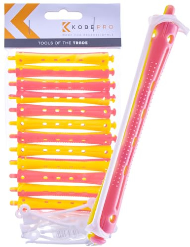 Kobe Professional Hairdressing Perm Rods with Rubbers - Non-Slip, Curling Tools for Wet/Dry Hair, Durable & Reusable - Ideal for Salons & Home Use - Pink/Yellow 8 mm