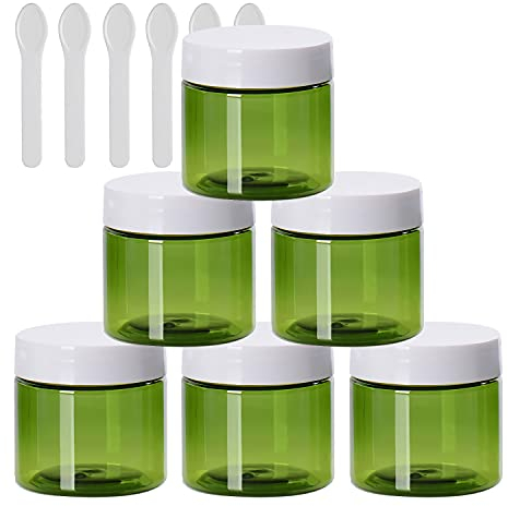 TIANZD 6 Pieces Empty 50ml Green Plastic Cosmetic Jars with White Screw Lid 50g Small Pot for Cosmetic Travel Homemade Cream Gel Lip Balm Salve Storage Containers+ 6x Spatula