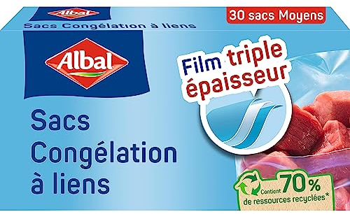Albal – 30 bolsas de congelación con enlaces – modelo mediano 3L – triple grosor – caja dispensadora – 70% de recursos reciclados