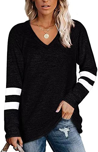 Famulily Sweatshirt for Ladies Long Sleeve Cotton Striped V-Neck Loose Casual Jumper Tops Black XL