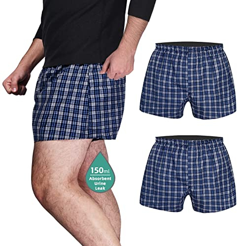 TIICHOO Inkontinenz Slip Herren Waschbar Saugfähigkeit Inkontinenz Pants Männer Boxershorts 2er Pack(Large, Blau Kariert)