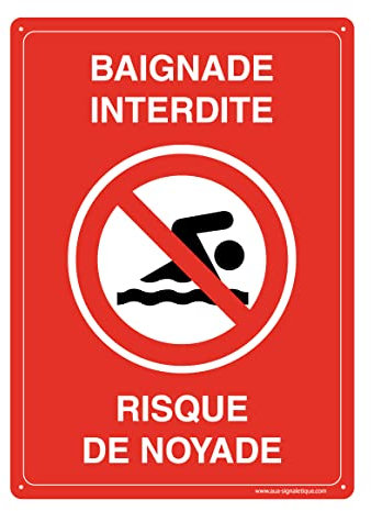 AUA SIGNALETIQUE - Panneau De Signalisation en PVC Rigide et Compact 1.5 mm. (121 x 170 mm, Baignade Interdite Risque Noyade)