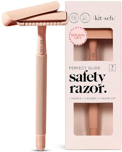 Kitsch Rasierhobel mit Doppelklinge für Damen und Herren, langer Metallgriff und Einzelklingenrasierer aus Edelstahl mit 5 Ersatzklingen für Doppelklingen, Terrakotta