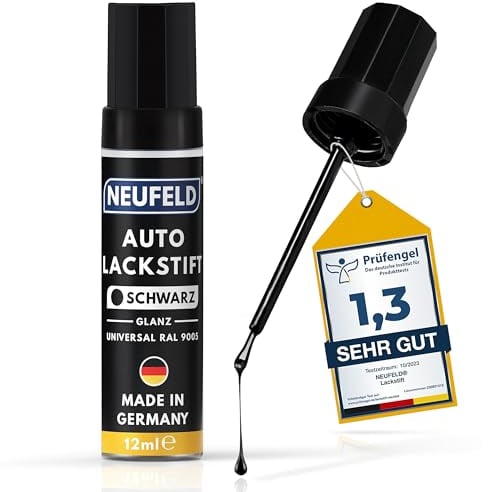 NEUFELD® Lackstift Schwarz Glänzend [12ml] - Auto Hohe Deckkraft - Autolack Gegen Kratzer - Dickflüssig