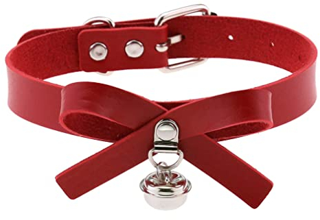 Duories Leder Choker Kette,Halsband aus Leder mit Schleifenknoten und Glöckchen,Verstellbarer Choker 30 cm–40 cm für Damen Herren,Geeignet für Abschlussball, Date, Party, Club, Bar, Konzert,Rot