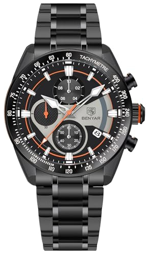 Herren Uhr Uhren BENYAR Quarz-Chronographenwerk 42MM Zifferblatt Analoguhr Aus Edelstahl Wasserdicht Uhr Geschenk für Männer BY-5201M (Schwarzorange)